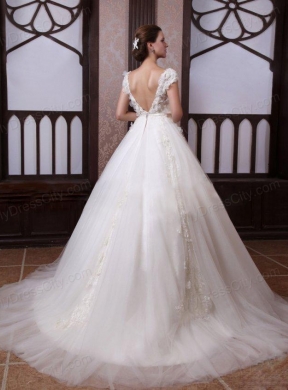 Ball Gown Scoop Appliques Tulle Wedding Dress with Chapel Train