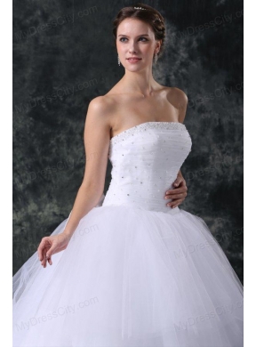 Ball Gown Strapless Court Train Beading Lace Up Tulle Wedding Dress