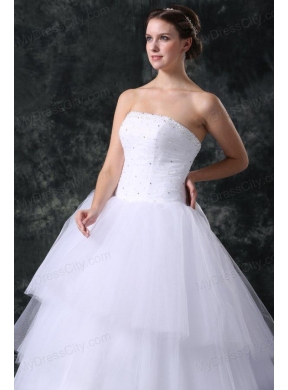 Ball Gown Strapless Court Train Beading Lace Up Tulle Wedding Dress