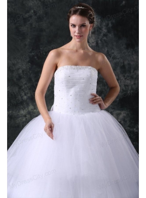 Ball Gown Strapless Court Train Beading Lace Up Tulle Wedding Dress