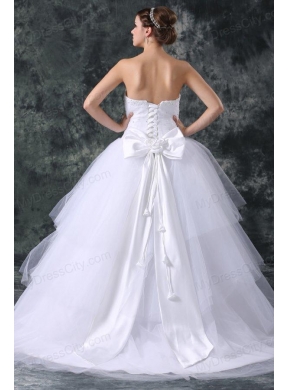 Ball Gown Strapless Court Train Beading Lace Up Tulle Wedding Dress