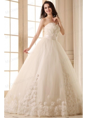 Ball Gown Sweetheart Hand Made Flowers Sweep Train Wedding Dress