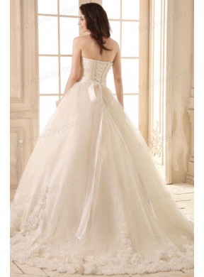 Ball Gown Sweetheart Hand Made Flowers Sweep Train Wedding Dress