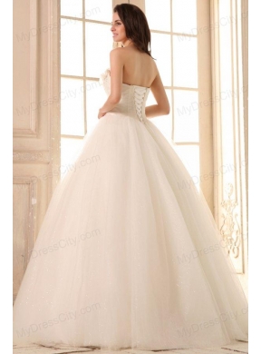 Beaded Decorate Bodice Strapless Ball Gown Tulle Wedding Dress