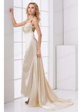 Champagne Column Straps Watteau Train Wedding Dress with Beading