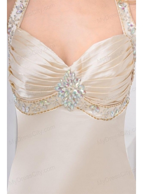 Champagne Column Straps Watteau Train Wedding Dress with Beading