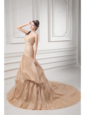 Champagne Strapless Court Train Wedding Dress with Embroidery and Pick-ups