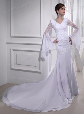 Cheap Column V-neck Lace Chiffon Wedding Dress With Long Sleeves