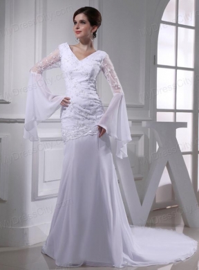 Cheap Column V-neck Lace Chiffon Wedding Dress With Long Sleeves