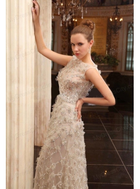 Column Bateau Beading Brush Train Tulle Wedding Dress with Zipper Up