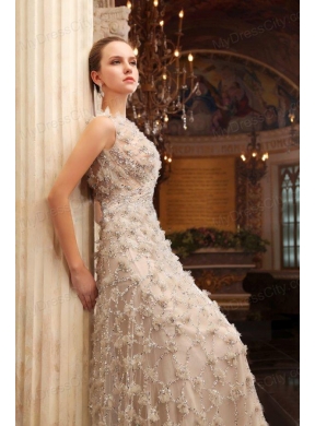 Column Bateau Beading Brush Train Tulle Wedding Dress with Zipper Up