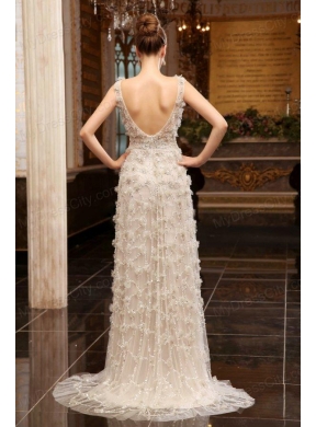 Column Bateau Beading Brush Train Tulle Wedding Dress with Zipper Up