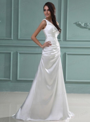 Column One Shoulder Floor-length Beading Taffeta Wedding Dress with Side Zipper