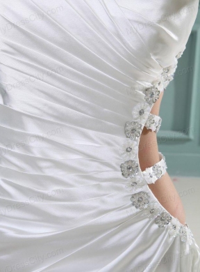 Column One Shoulder Floor-length Beading Taffeta Wedding Dress with Side Zipper