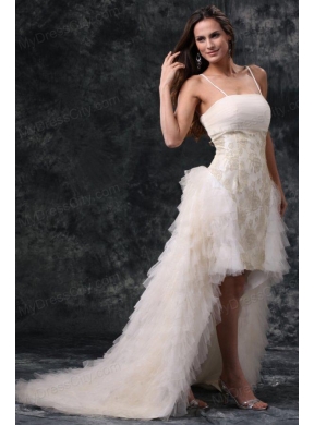 Column Straps High-low Beading Tulle Wedding Dress