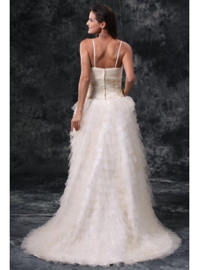 Column Straps High-low Beading Tulle Wedding Dress