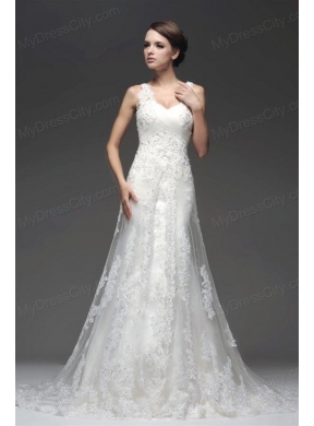 Column V-Neck Appliques Zipper Up Wedding Dress with Court Train