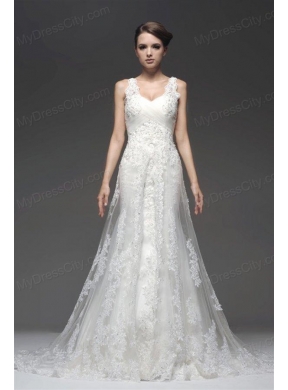 Column V-Neck Appliques Zipper Up Wedding Dress with Court Train