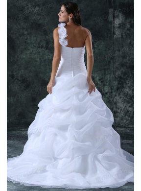 Elegant A-Line Organza Brush Train Zipper Up Wedding Dress with Ruching