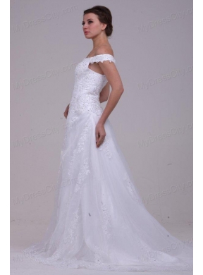 Elegant Column Off The Shoulder Appliques Organza 2014 Wedding Dress