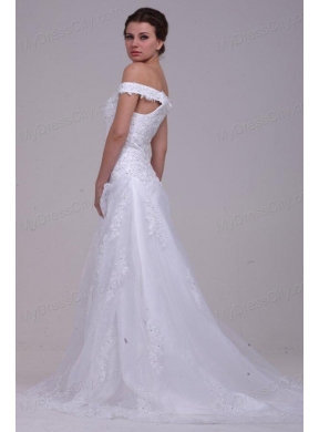 Elegant Column Off The Shoulder Appliques Organza 2014 Wedding Dress