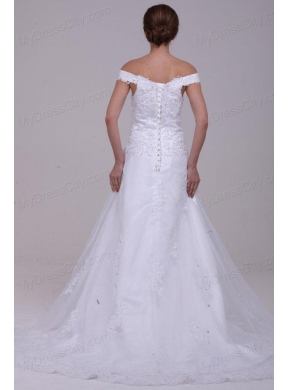 Elegant Column Off The Shoulder Appliques Organza 2014 Wedding Dress