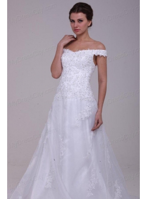 Elegant Column Off The Shoulder Appliques Organza 2014 Wedding Dress