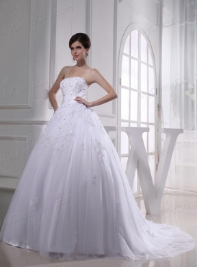 Exquisite A-line Beading and Appliques Chapel Train Wedding Dress with Strapless