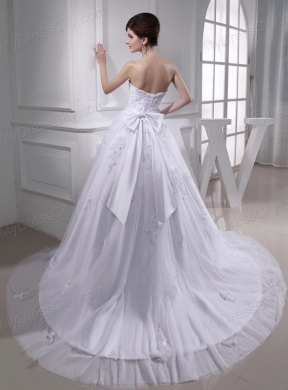 Exquisite A-line Beading and Appliques Chapel Train Wedding Dress with Strapless