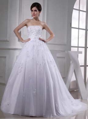 Exquisite A-line Beading and Appliques Chapel Train Wedding Dress with Strapless