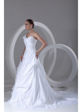 Exquisite Ball Gown One Shoulder Court Train Lace Taffeta Wedding Dress