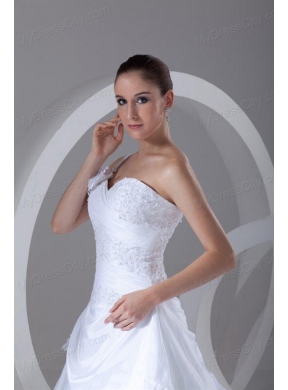 Exquisite Ball Gown One Shoulder Court Train Lace Taffeta Wedding Dress