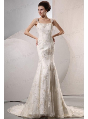 Exquisite Wide Straps Mermaid Lace Court Train Wedding Dress