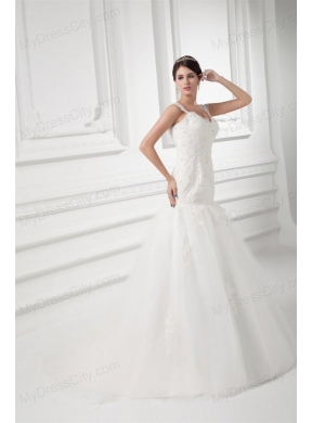 Luxurious A-line Straps Wedding Dress with Lace Sweep Train