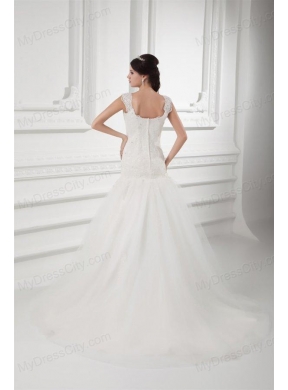 Luxurious A-line Straps Wedding Dress with Lace Sweep Train