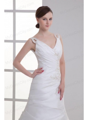 Luxurious Mermaid V-Neck Court Train Taffeta Embroidery Zipper Up Wedding Dress