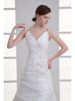 Luxurious Mermaid V-Neck Court Train Taffeta Embroidery Zipper Up Wedding Dress