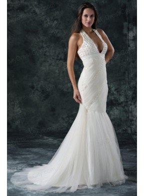 Mermaid  Halter Tulle Court Train Beading 2014 Spring Wedding Dress