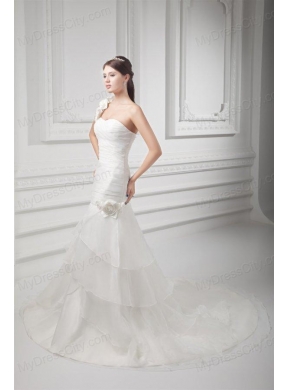 Mermaid One Shoulder Flowers Wedding Dress with Court Train