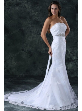 Mermaid Strapless Beading and Lace Tulle and Taffeta Wedding Dress with Court Train