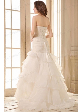 Mermaid Strapless Organza Beaded Decorate Brush Train Wedding Dress