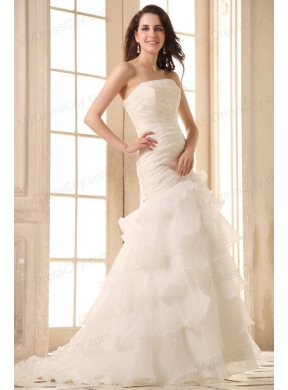 Mermaid Strapless Organza Beaded Decorate Brush Train Wedding Dress