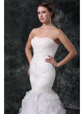 Mermaid Strapless Organza Ruffles and Ruching Wedding Dress with Court Train