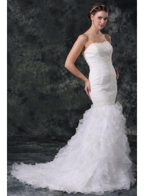 Mermaid Strapless Organza Ruffles and Ruching Wedding Dress with Court Train