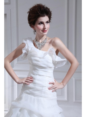 Princess One Shoulder Court Train Wedding Dress with Pick-ups and Ruching