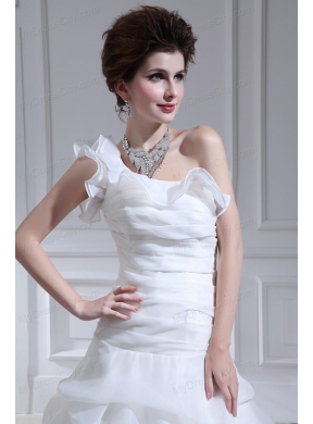 Princess One Shoulder Court Train Wedding Dress with Pick-ups and Ruching