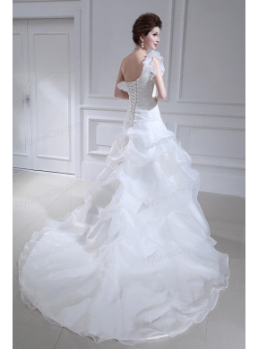 Princess One Shoulder Court Train Wedding Dress with Pick-ups and Ruching