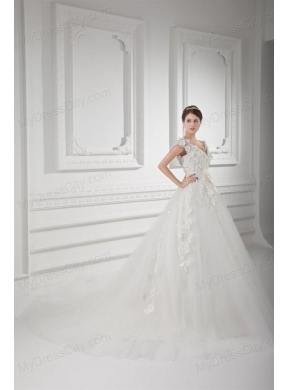 Romantic A-line V-neck Wedding Dress with Appliques and Embroidery