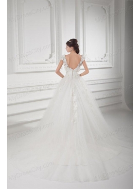 Romantic A-line V-neck Wedding Dress with Appliques and Embroidery