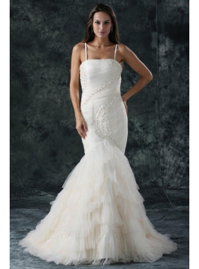 Spaghetti Strap Mermaid Beaded Decorate Tulle Wedding Dress